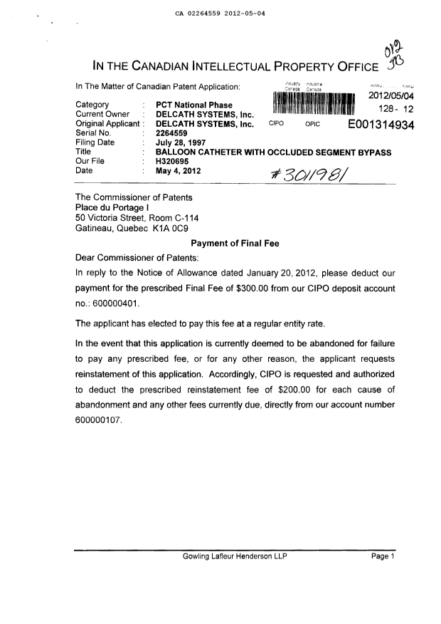 Document de brevet canadien 2264559. Correspondance 20120504. Image 1 de 2