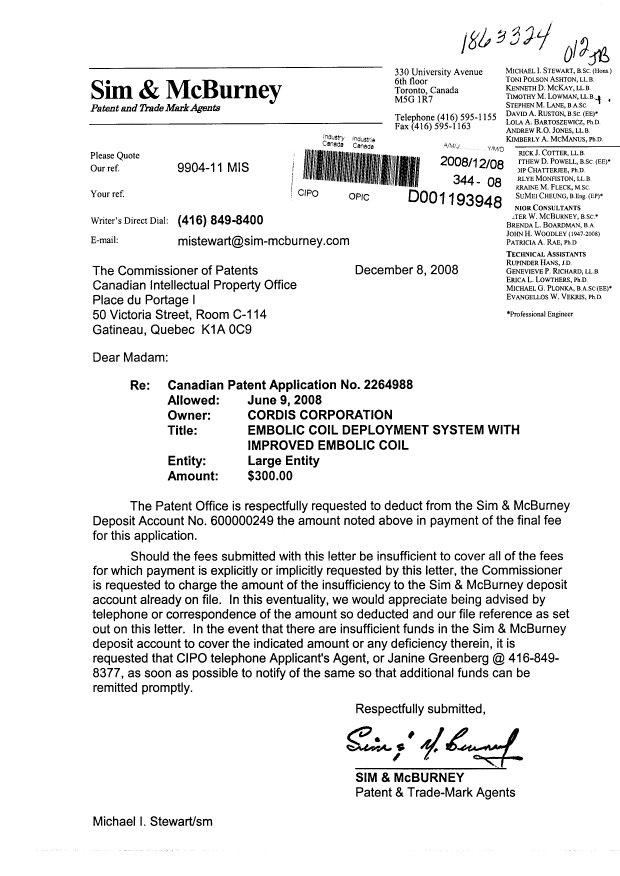 Document de brevet canadien 2264988. Correspondance 20081208. Image 1 de 1