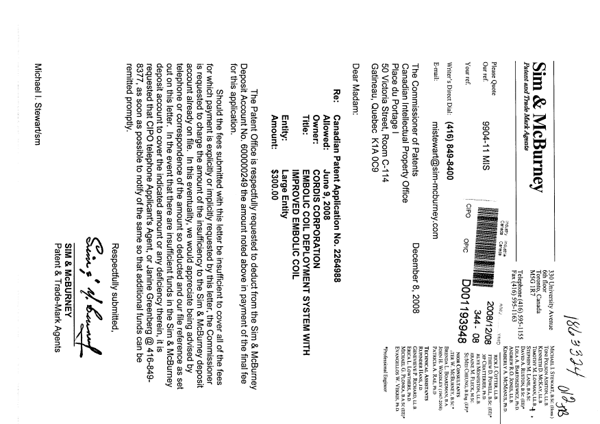 Canadian Patent Document 2264988. Correspondence 20081208. Image 1 of 1