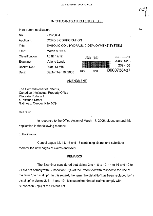 Canadian Patent Document 2265034. Prosecution-Amendment 20060918. Image 1 of 6