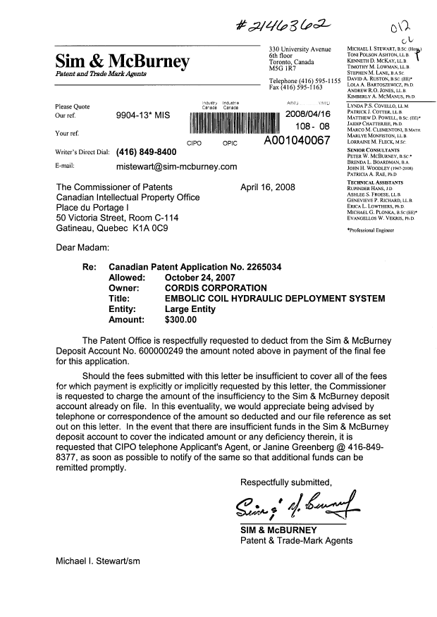 Document de brevet canadien 2265034. Correspondance 20080416. Image 1 de 1