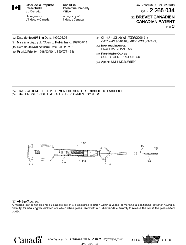 Document de brevet canadien 2265034. Page couverture 20080605. Image 1 de 1