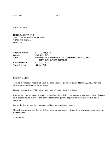 Document de brevet canadien 2265119. Correspondance 20010423. Image 1 de 2
