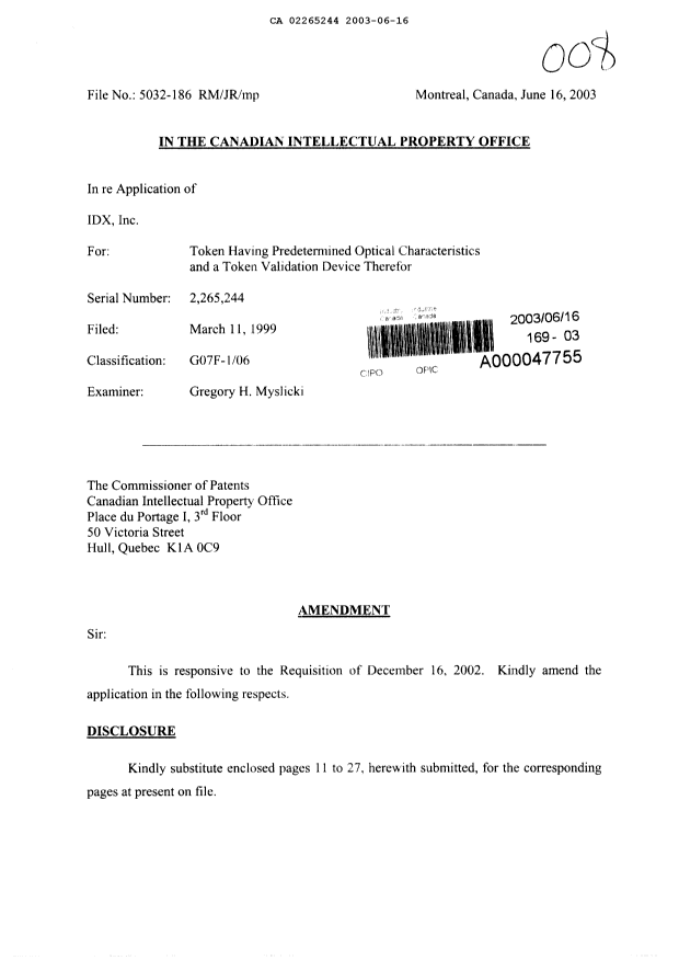 Document de brevet canadien 2265244. Poursuite-Amendment 20021216. Image 1 de 43