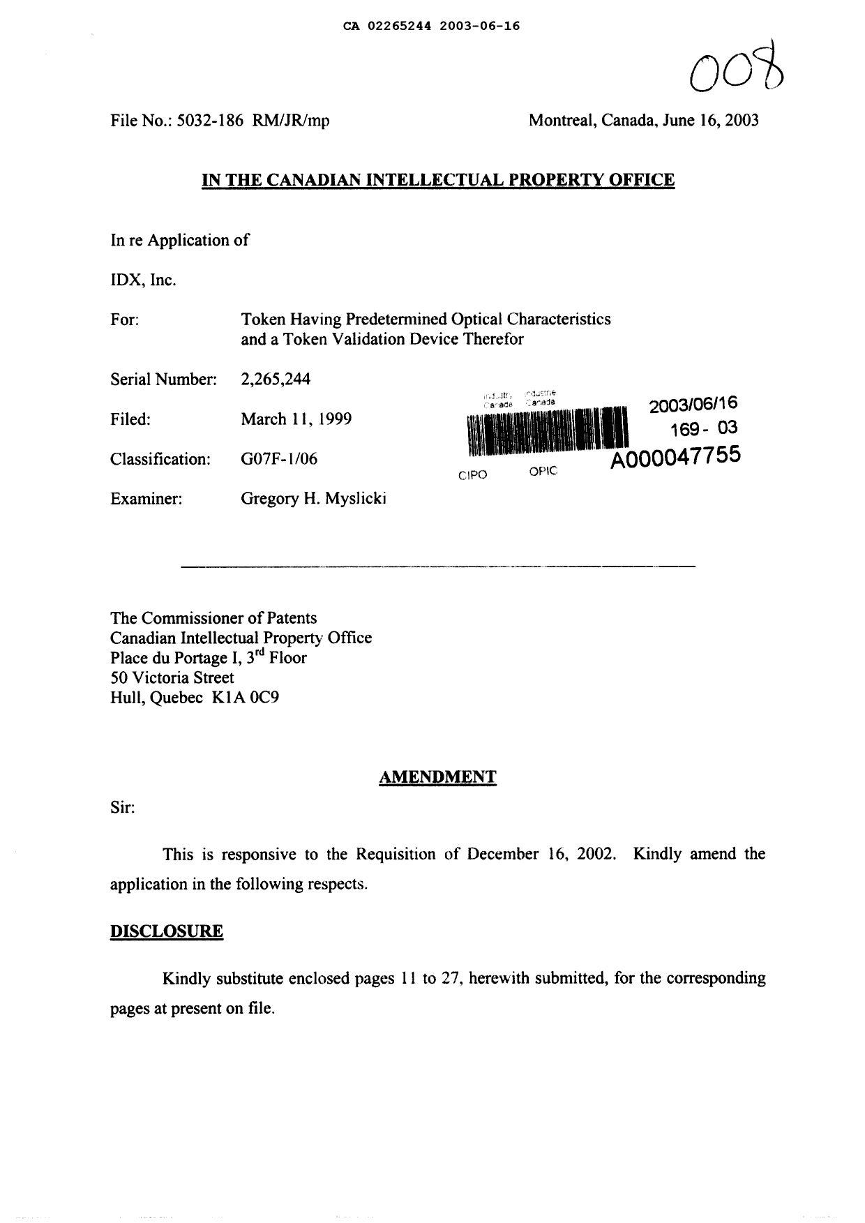 Canadian Patent Document 2265244. Prosecution-Amendment 20021216. Image 1 of 43