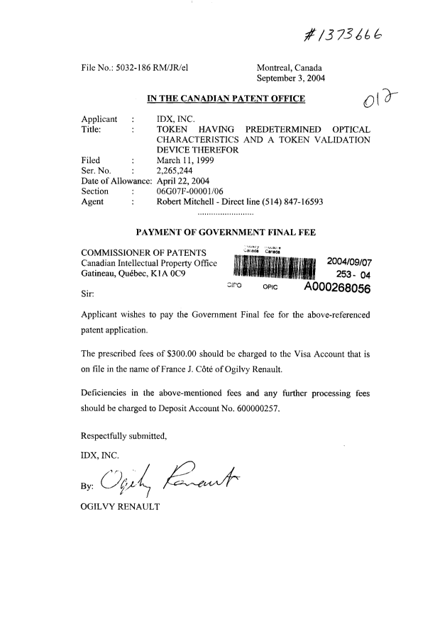 Document de brevet canadien 2265244. Correspondance 20031207. Image 1 de 1