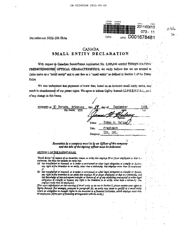 Document de brevet canadien 2265244. Correspondance 20101210. Image 1 de 1