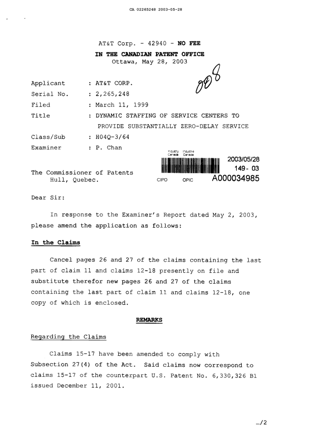 Document de brevet canadien 2265248. Poursuite-Amendment 20030528. Image 1 de 4