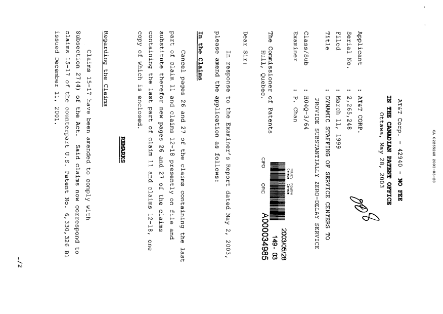 Canadian Patent Document 2265248. Prosecution-Amendment 20030528. Image 1 of 4