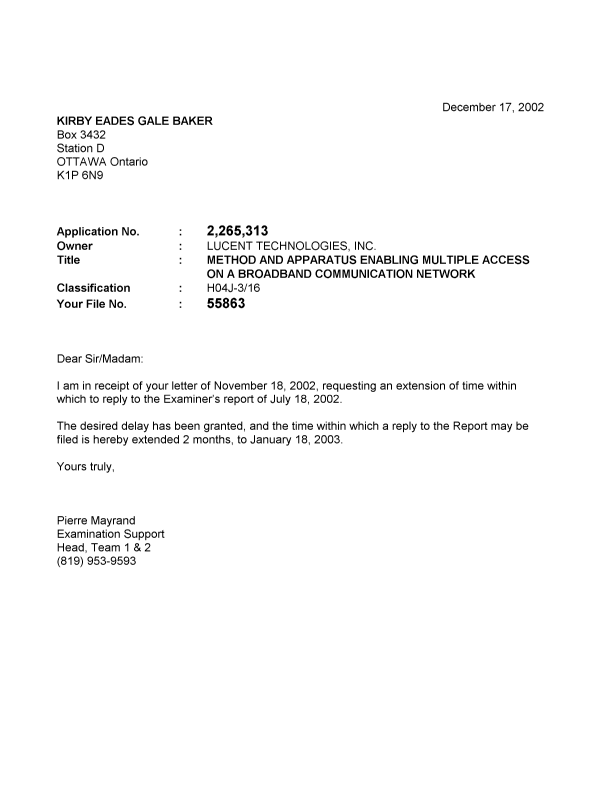 Canadian Patent Document 2265313. Correspondence 20011217. Image 1 of 1