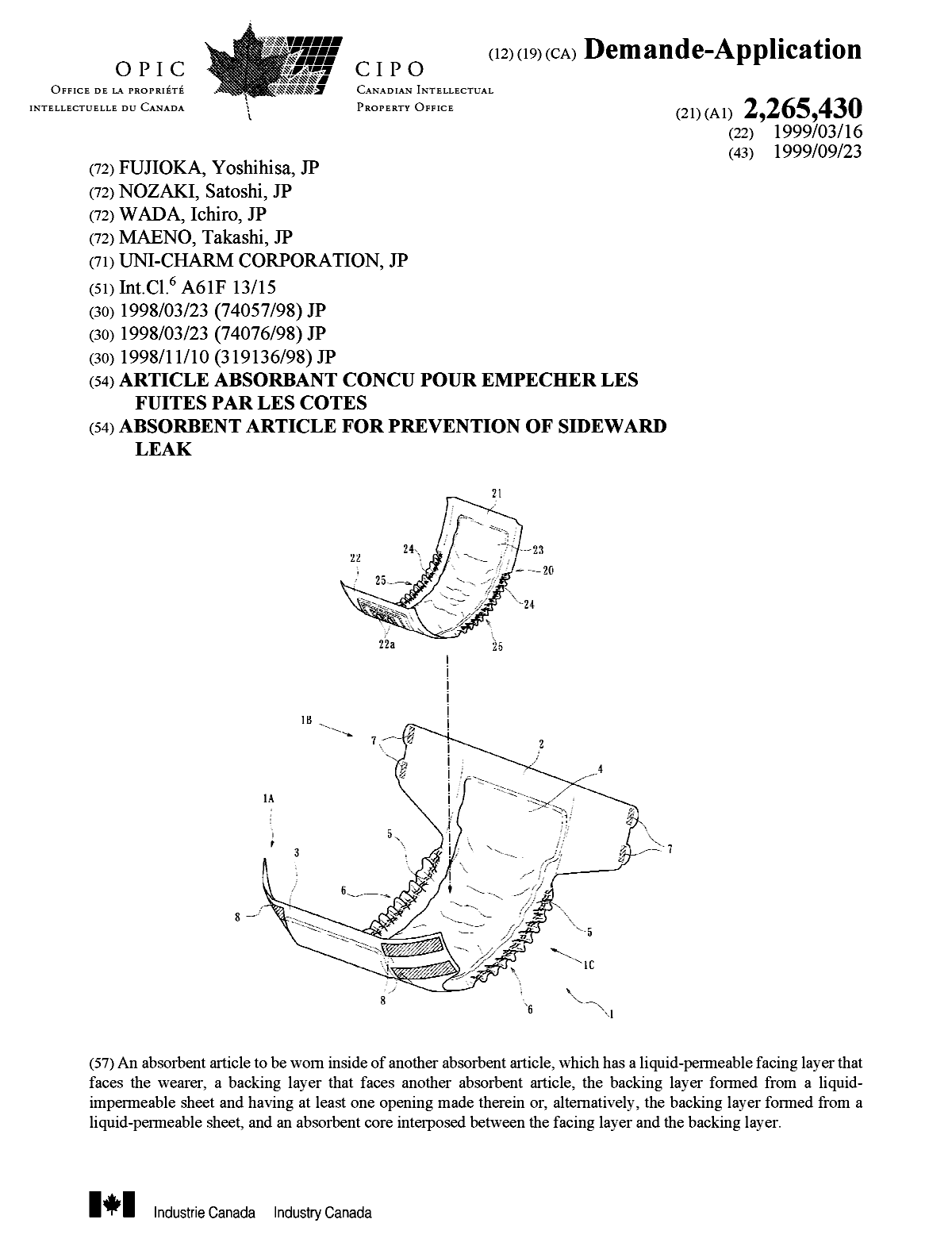 Canadian Patent Document 2265430. Cover Page 19990910. Image 1 of 1