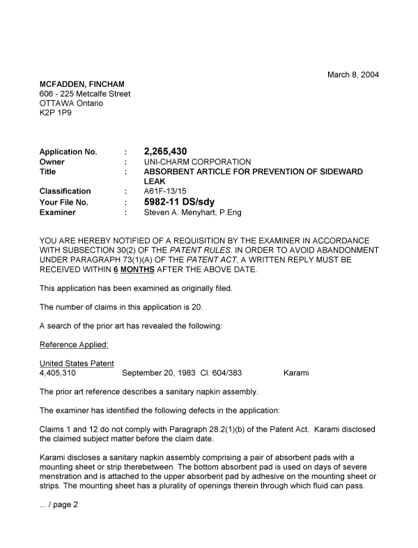 Canadian Patent Document 2265430. Prosecution-Amendment 20040308. Image 1 of 3
