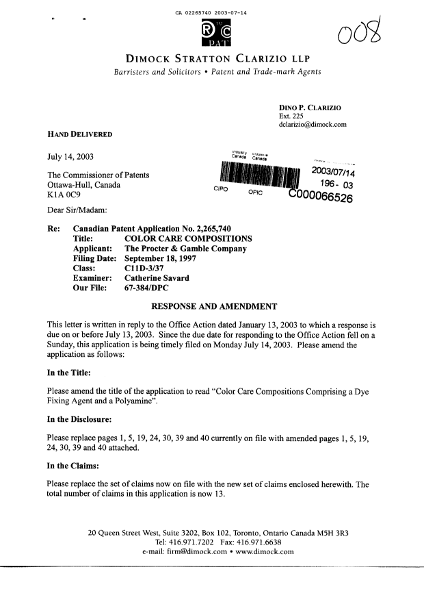 Document de brevet canadien 2265740. Poursuite-Amendment 20030714. Image 1 de 18
