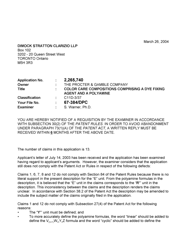 Document de brevet canadien 2265740. Poursuite-Amendment 20040326. Image 1 de 2