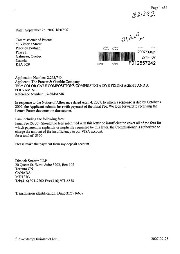Document de brevet canadien 2265740. Correspondance 20070925. Image 1 de 1