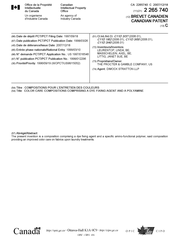 Document de brevet canadien 2265740. Page couverture 20071120. Image 1 de 1