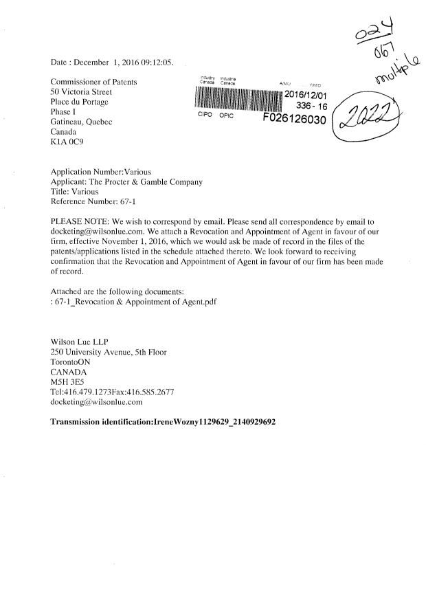 Document de brevet canadien 2265740. Correspondance 20161201. Image 1 de 3