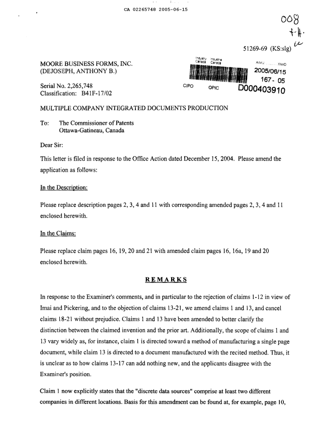 Canadian Patent Document 2265748. Prosecution-Amendment 20050615. Image 1 of 12