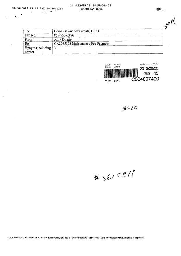 Document de brevet canadien 2265875. Paiement de taxe périodique 20150908. Image 1 de 2