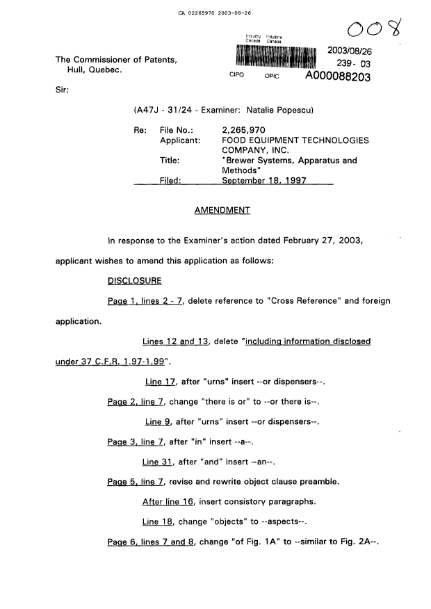 Canadian Patent Document 2265970. Prosecution-Amendment 20030826. Image 1 of 16