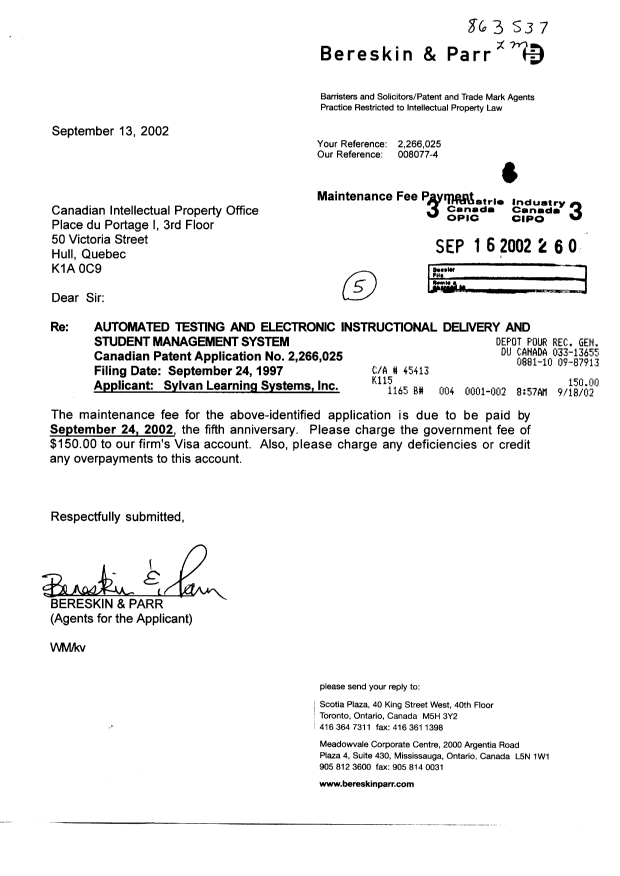 Canadian Patent Document 2266025. Fees 20020916. Image 1 of 1