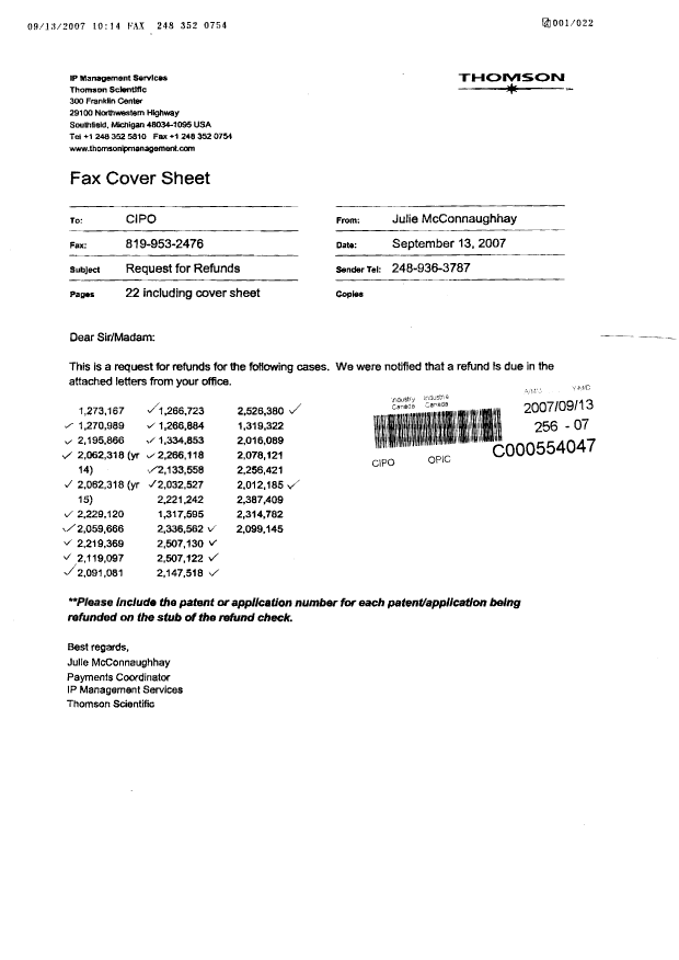 Canadian Patent Document 2266118. Correspondence 20070913. Image 1 of 1