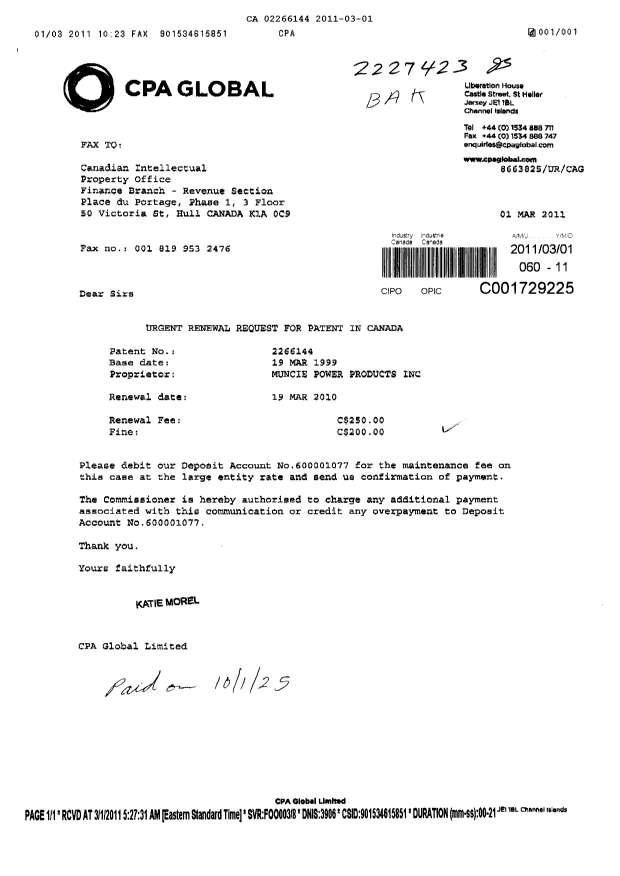 Canadian Patent Document 2266144. Fees 20110301. Image 1 of 1