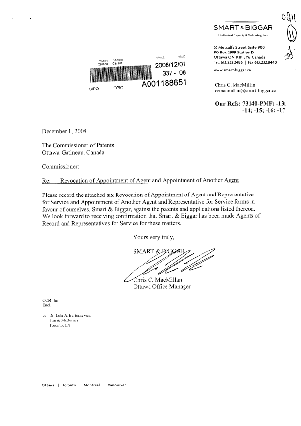 Document de brevet canadien 2266194. Correspondance 20081201. Image 1 de 7