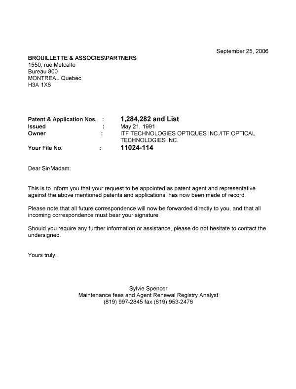 Document de brevet canadien 2266195. Correspondance 20060925. Image 1 de 1