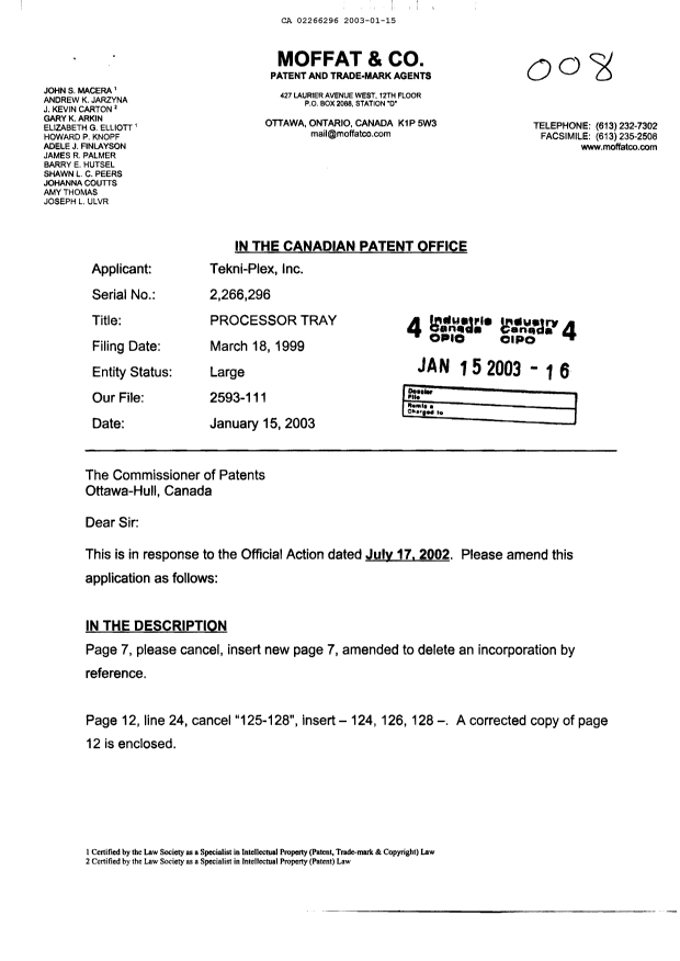 Canadian Patent Document 2266296. Prosecution-Amendment 20030115. Image 1 of 5