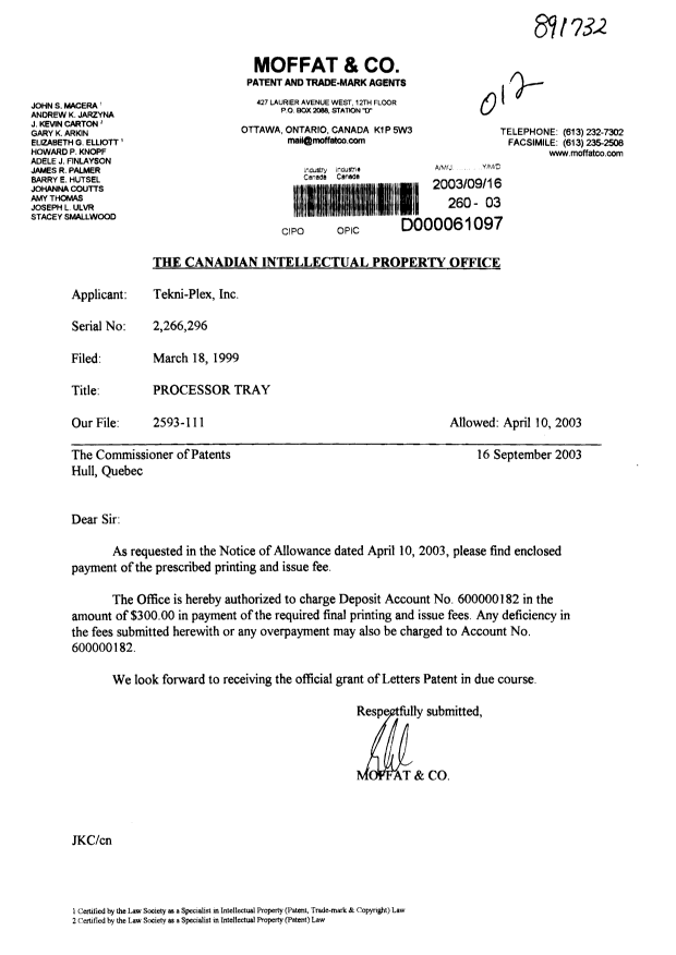 Canadian Patent Document 2266296. Correspondence 20030916. Image 1 of 1