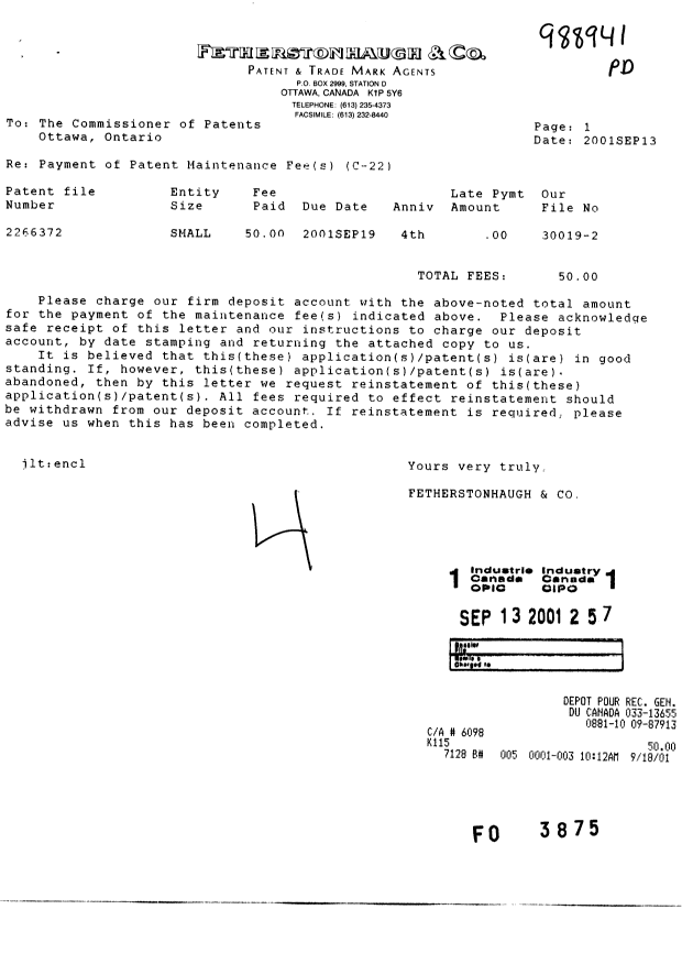 Document de brevet canadien 2266372. Taxes 20010913. Image 1 de 1
