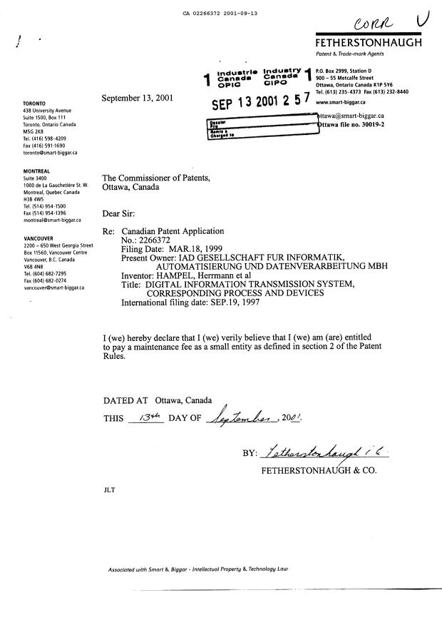 Canadian Patent Document 2266372. Correspondence 20010913. Image 1 of 1