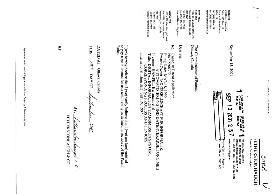 Canadian Patent Document 2266372. Correspondence 20010913. Image 1 of 1