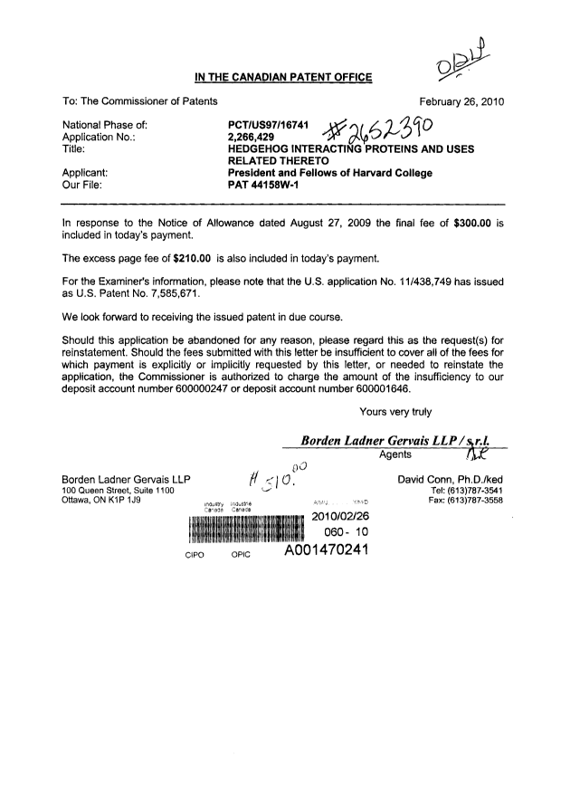Document de brevet canadien 2266429. Correspondance 20100226. Image 1 de 1