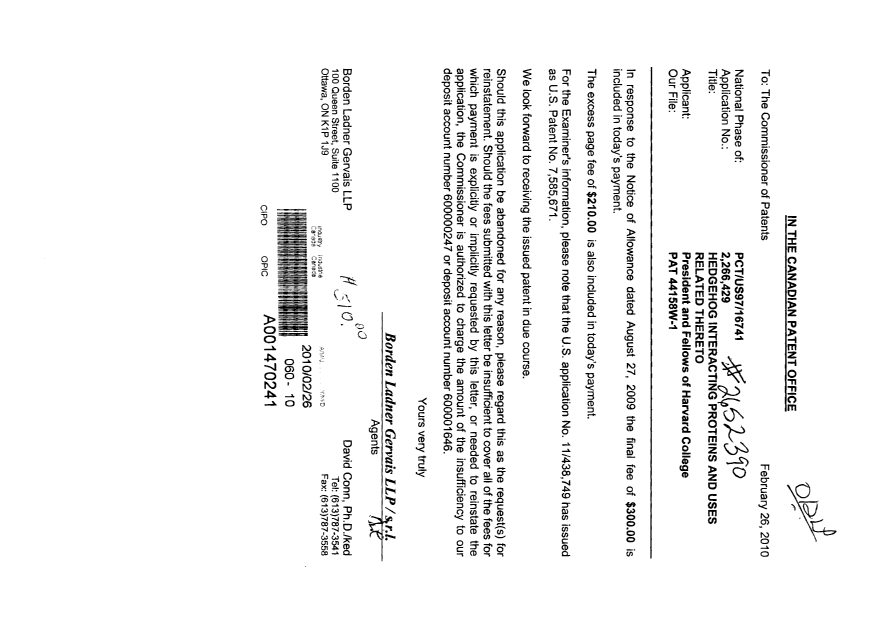 Canadian Patent Document 2266429. Correspondence 20100226. Image 1 of 1