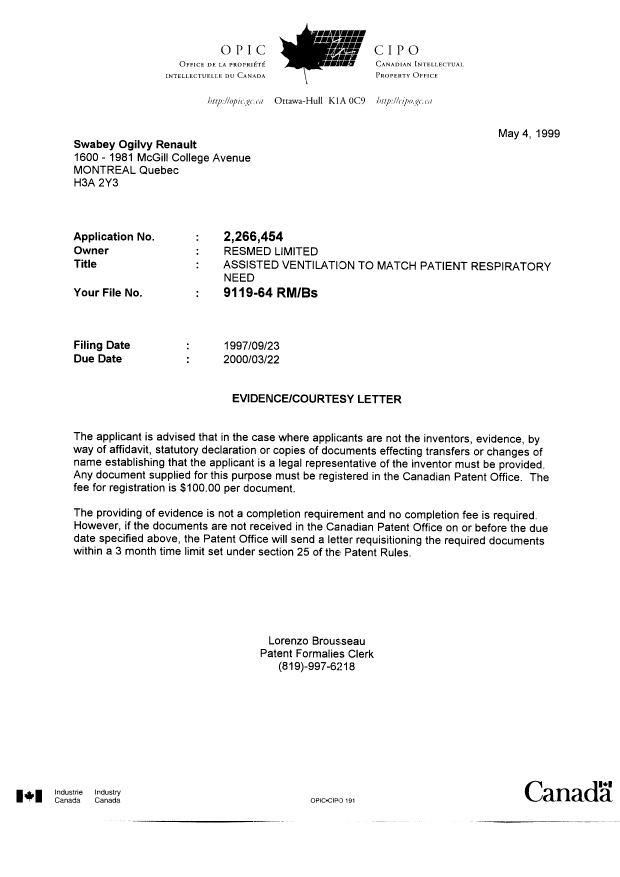 Canadian Patent Document 2266454. Correspondence 19981204. Image 1 of 1