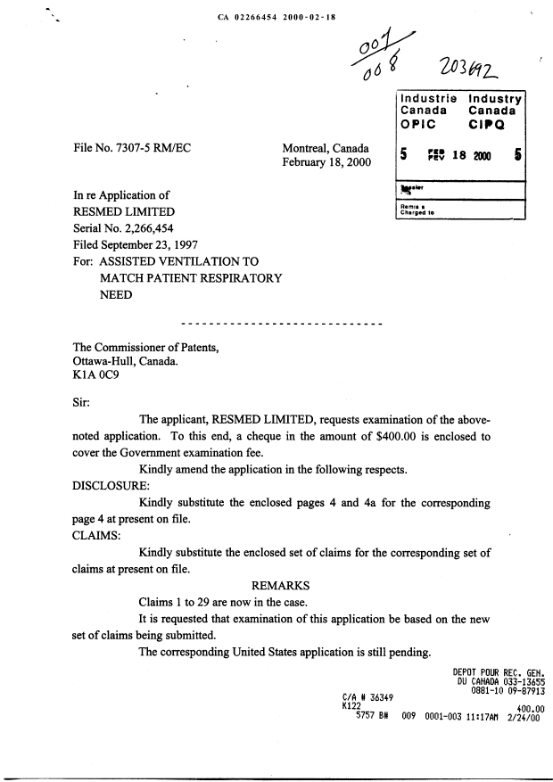 Canadian Patent Document 2266454. Prosecution-Amendment 19991218. Image 1 of 9
