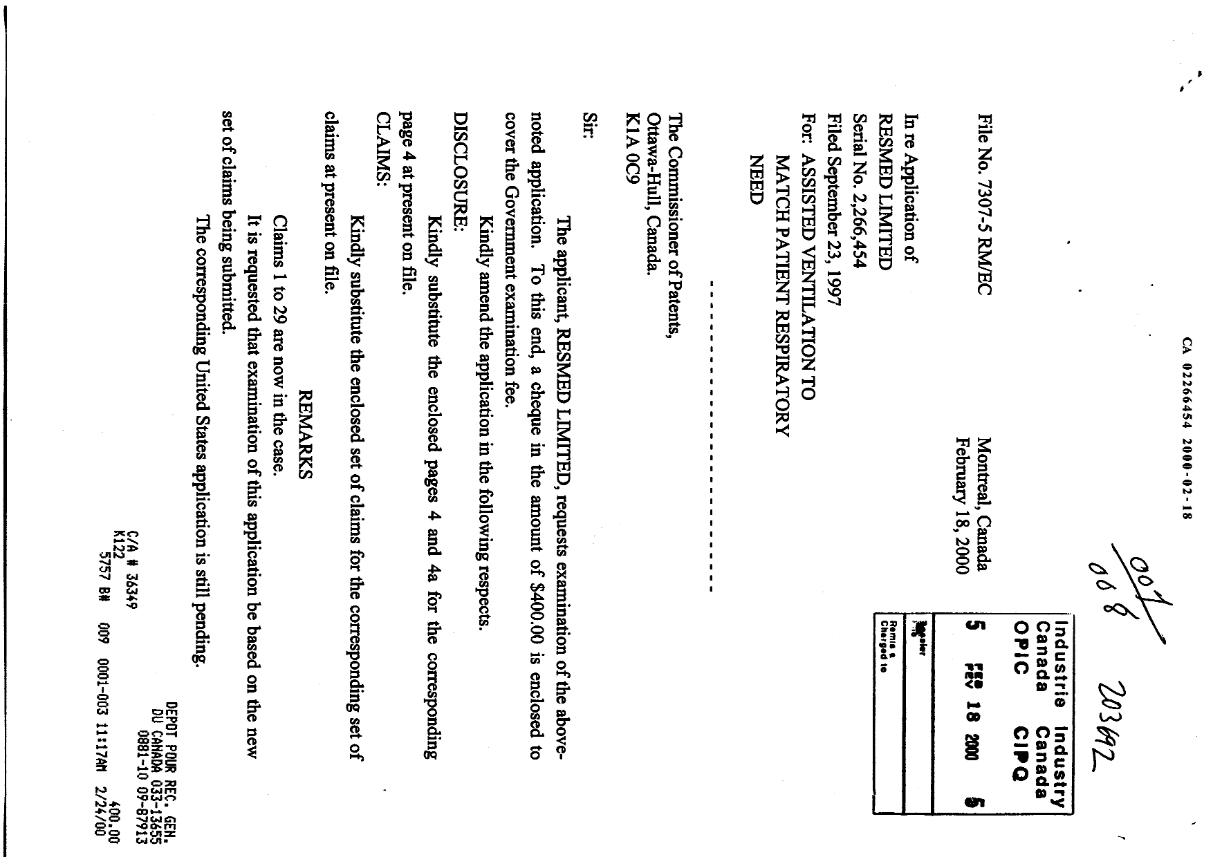 Canadian Patent Document 2266454. Prosecution-Amendment 19991218. Image 1 of 9