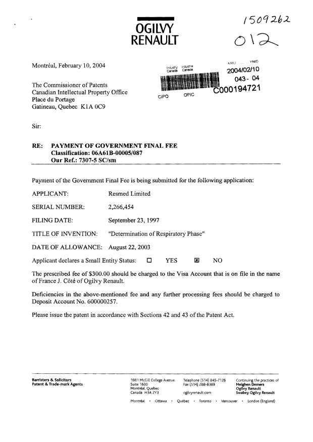 Canadian Patent Document 2266454. Correspondence 20031210. Image 1 of 2
