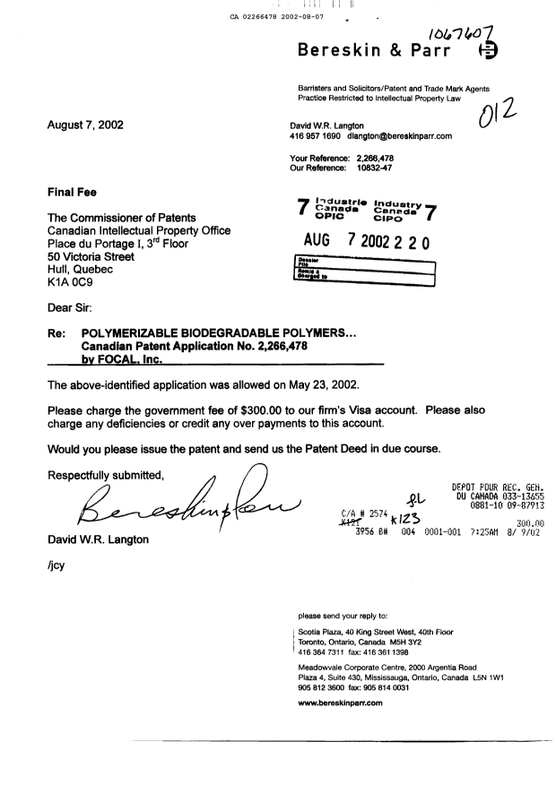 Document de brevet canadien 2266478. Correspondance 20020807. Image 1 de 1