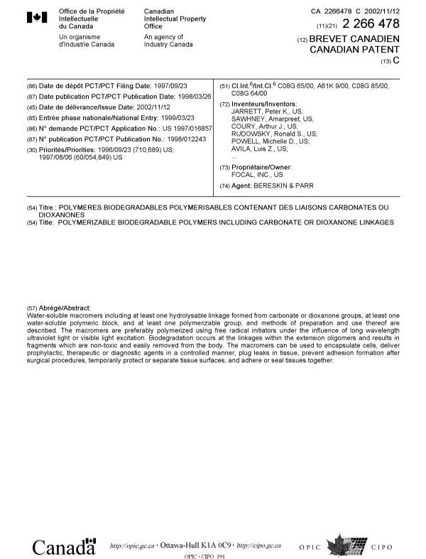 Document de brevet canadien 2266478. Page couverture 20021009. Image 1 de 2