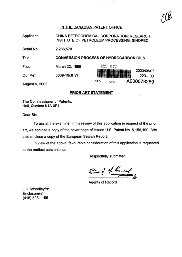 Canadian Patent Document 2266570. Prosecution-Amendment 20030807. Image 1 of 1