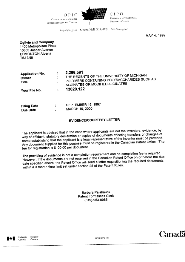 Document de brevet canadien 2266581. Correspondance 19990504. Image 1 de 1