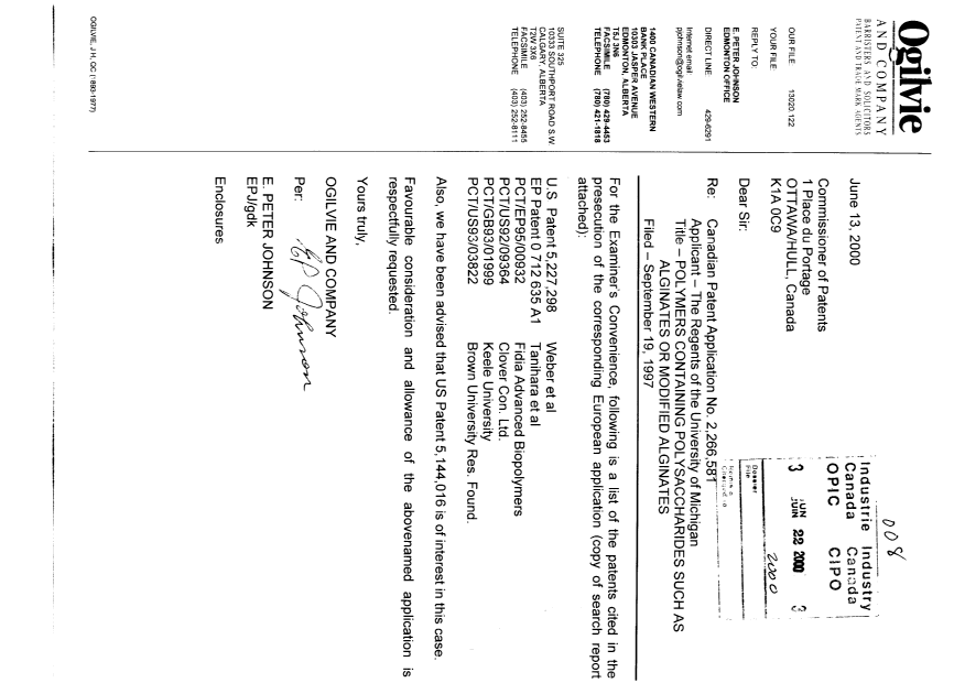 Canadian Patent Document 2266581. Prosecution-Amendment 20000622. Image 1 of 6