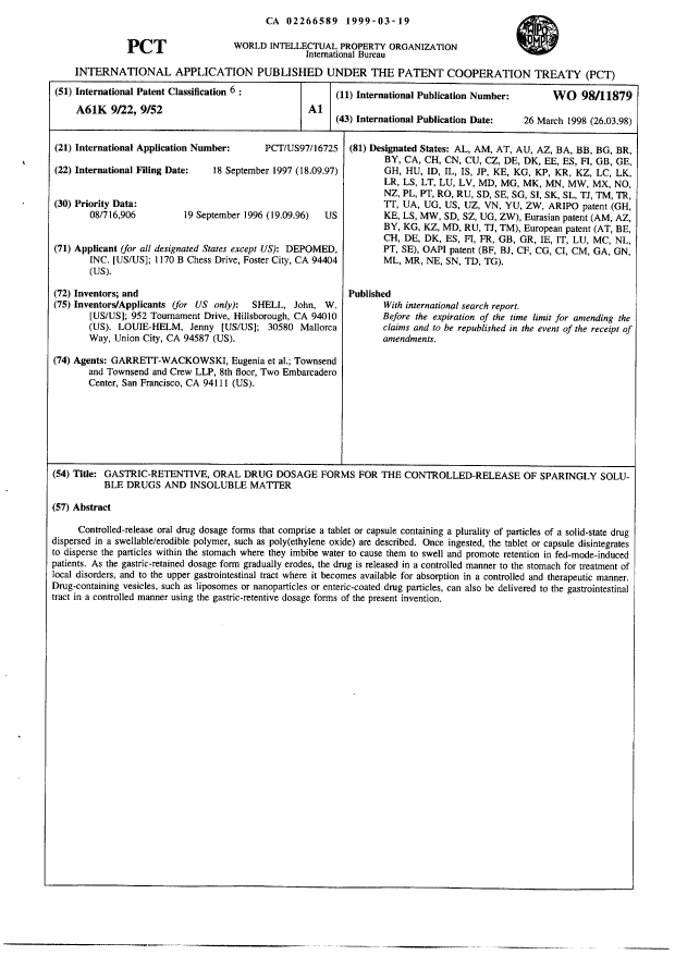 Document de brevet canadien 2266589. Abrégé 19990319. Image 1 de 1