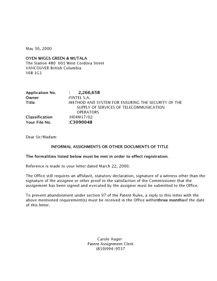 Canadian Patent Document 2266658. Correspondence 20000530. Image 1 of 1