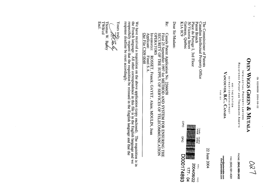 Canadian Patent Document 2266658. Prosecution-Amendment 20040622. Image 1 of 3