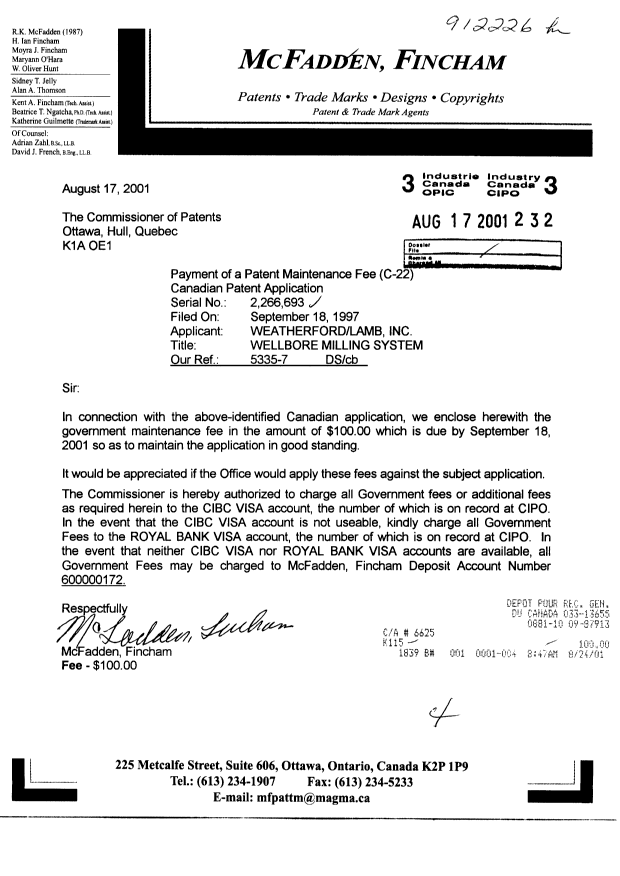 Document de brevet canadien 2266693. Taxes 20010817. Image 1 de 1