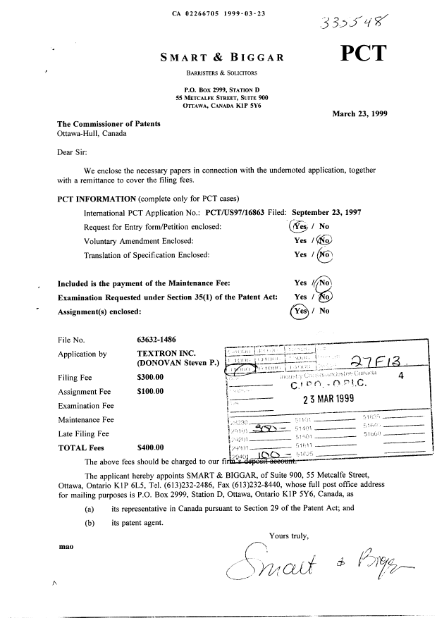 Document de brevet canadien 2266705. Cession 19990323. Image 1 de 2
